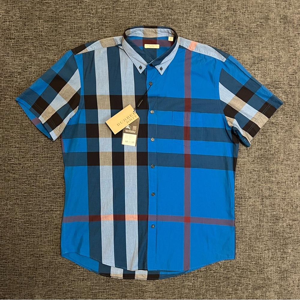 Burberry Fred Short Sleeve Button-Down Shirt Men's XL Marine Blue NEW with tags